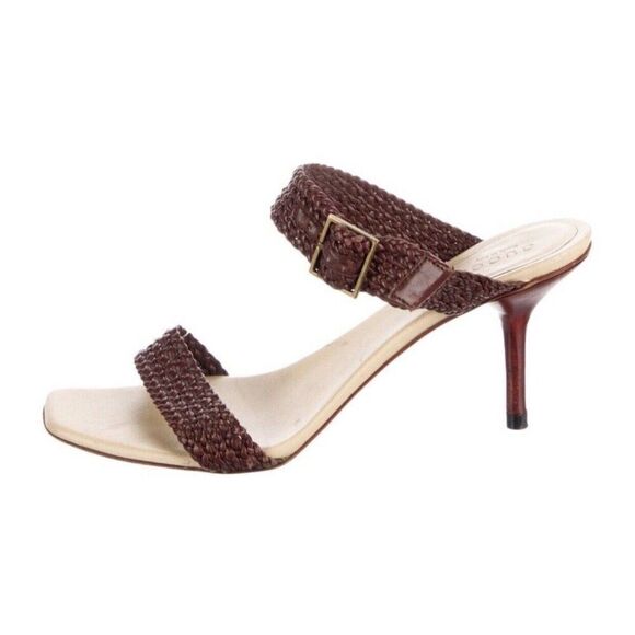 Gucci Authentic Brown Beige Leather Braided Medium Heel Sandals Slides 7 C - Picture 1 of 8